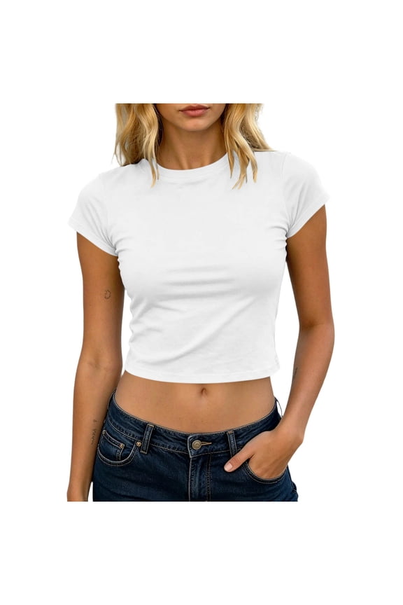 Womens Cotton T Shirts Basic Baby Tee Crop Tops Crewneck Slim Fit Short Sleeves Tee Summer Cute Clothes 2026