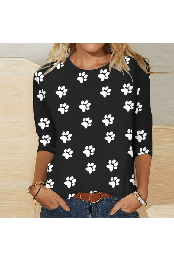 Womens Cotton T Shirts Crewneck 3/4 Sleeve Dog Paw Print Graphic Tee Casual Tops for Dog Mom, Pet Lovers (XL, Black)