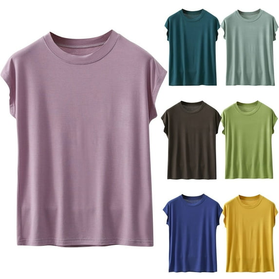 Womens Cotton T Shirts Soft Comfy Round Neck Cap Sleeve Shirts Summer Casual Loose Fit Lounge Plus Size Fashion Trendy Casual Cute Lightweight Plain Basic Tees