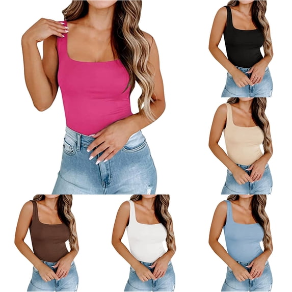Womens Cotton Tank Tops With Built In Bra Workout Basic Summer Slim Fit Tops Square Neck Spaghetti Strap Solid Color Clothes Casual Trendy Holiday Everyday Wear,Hot Pink,L