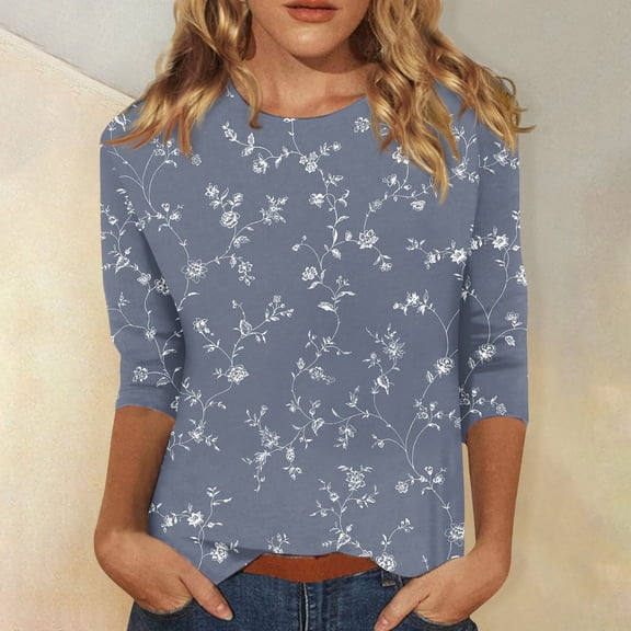 Womens Cotton Tops 3/4 Sleeve,Plus Size Summer Shirts for Women Casual Floral Printed Tunic top Loose Fit Blouse