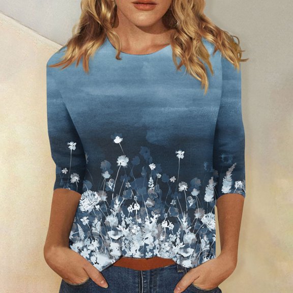 Womens Cotton Tops 3/4 Sleeve,Plus Size Summer Shirts for Women Casual Floral Printed Tunic top Loose Fit Blouse