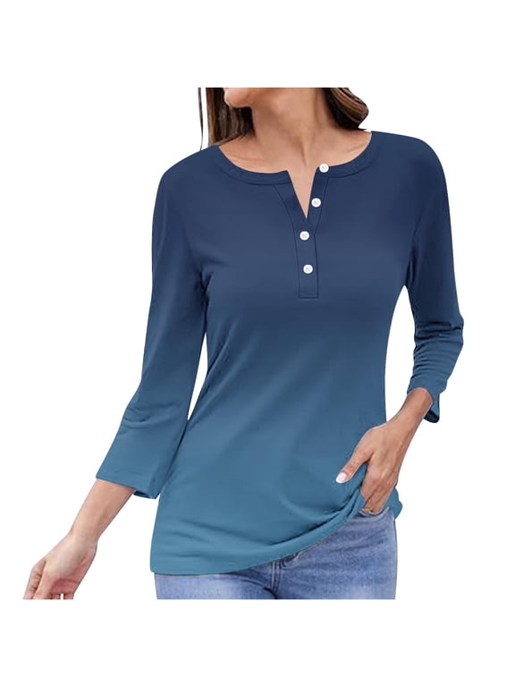 Womens Cotton Tops Button Neck Henley Tee Shirts Long Sleeve Casual T-shirt Relaxed Fit Basic Plain Tshirts (2XL, Navy)