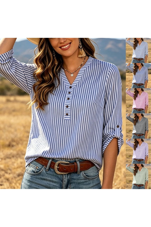 Womens Cotton Tops Short Sleeve Pack 3/4 Sleeve V-Neck Circle Tops - Pleated Detail for Fall Navy S