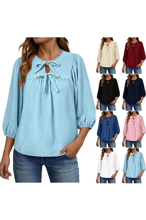 Womens Cotton Tops Summer Prints 3/4 Sleeve Crew Neck A-Line Tops - Ruffle Hem for Fall Wine S