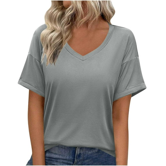 Womens Cotton Tops Tshirts Rolled Short Sleeve V Neck Solid Color Casual T Shirts Loose Fit Base Tees (M, Gray)