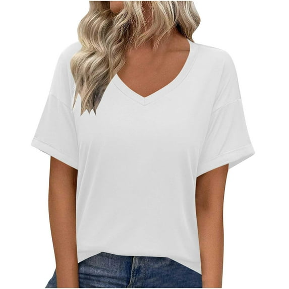 Womens Cotton Tops Tshirts Rolled Short Sleeve V Neck Solid Color Casual T Shirts Loose Fit Base Tees (XL, White)