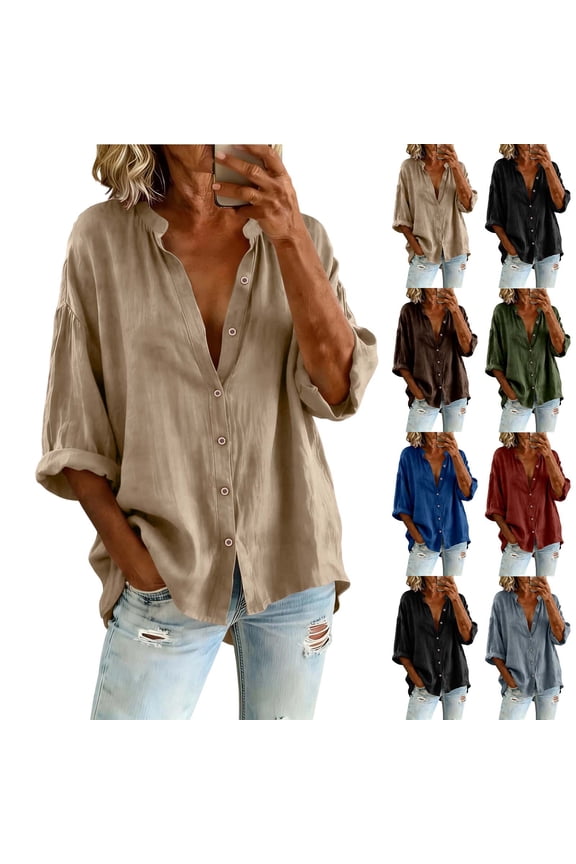 Womens Cotton Tops V Neck 3/4 Sleeve Collared Pencil Tops - Pleated Detail for Spring Wine S