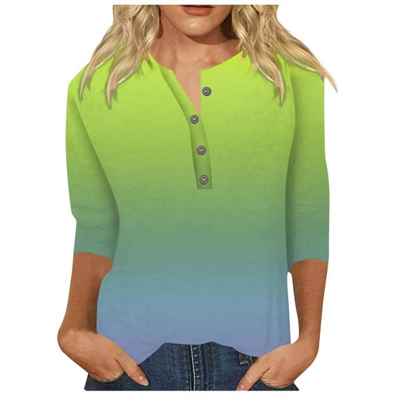Womens Colorful Shirt Womens Cotton Tshirts,3/4 Length Sleeve Womens V-Neck Tops Casual Crewneck Plain T Shirts Three Quarter Sleeve Tunic Tops Trendy Loose Blouses(Size:XL)