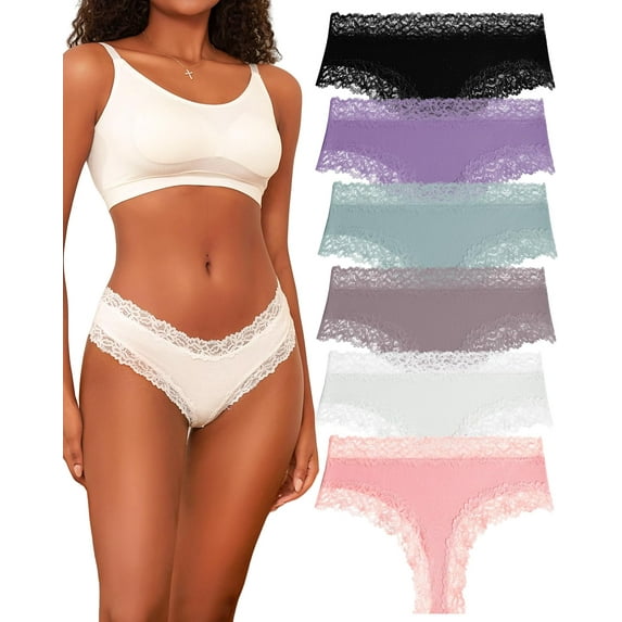 Womens Cotton Underwear Sexy Lace Hipster Panties Soft Breathable Cotton Brazilian Bikini Ladies 6 Pack