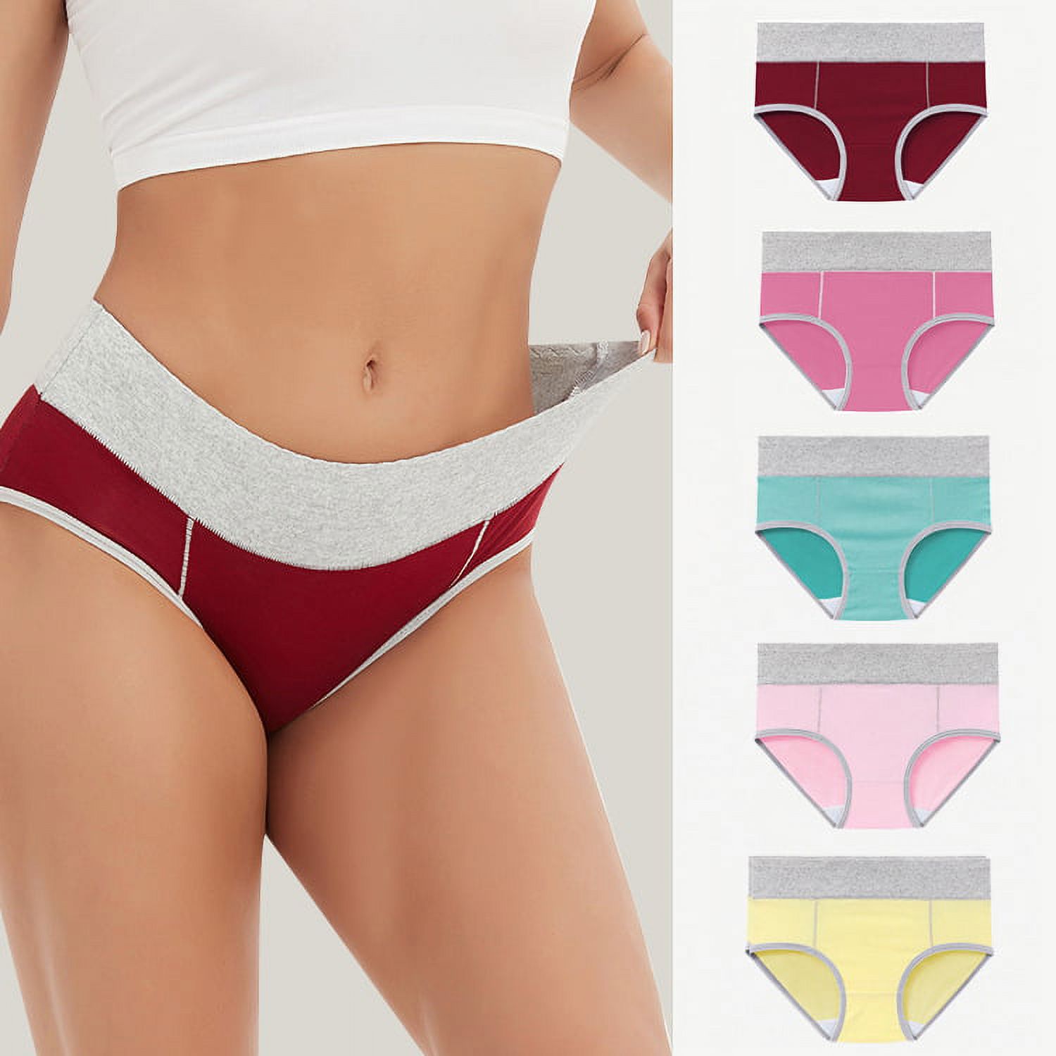 Womens' Cotton Underwear Soft Stretch Bikini Panties High Cut Wide Waistband Sport Panties Sexy M-5XL 5Pack