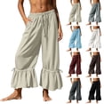 thumbnail image 1 of Womens Cotton Wide Leg Pants Casual Cropped Ruffle with Ties Palazzo Flowy Drawstring Loose Cute Pants with Pockets Beige XL(XL), 1 of 9