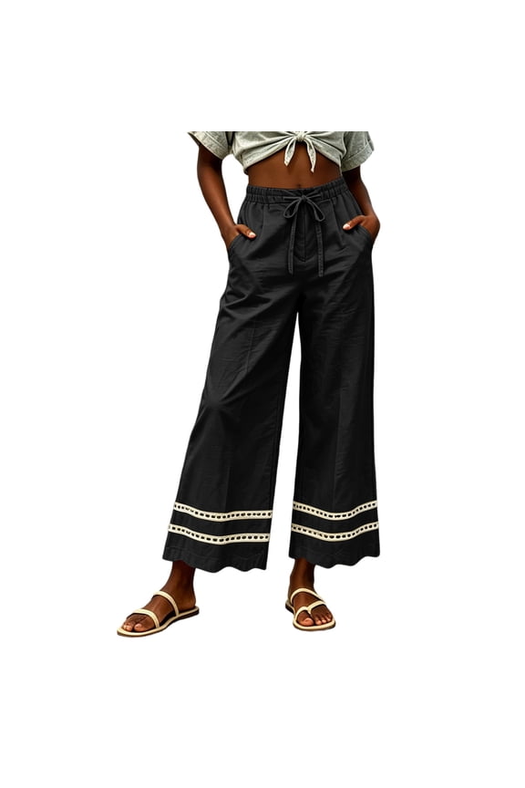 Womens Cotton Wide Leg Pants Drawstring Lace Splicing Scalloped Hem Palazzo Trousers Summer High Waisted Casual Beach Pants Black