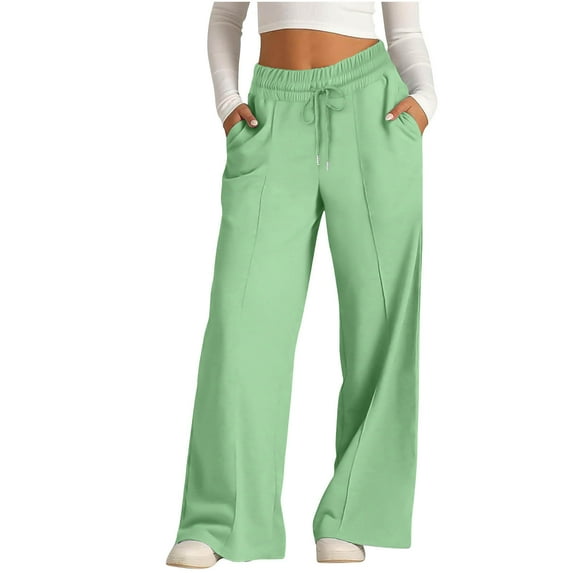 Womens Cotton Wide Leg Pants for Women Elastic Waisted Solid Loose Drawstring Joggers Sweatpants with Pockets (X-Large, Green)