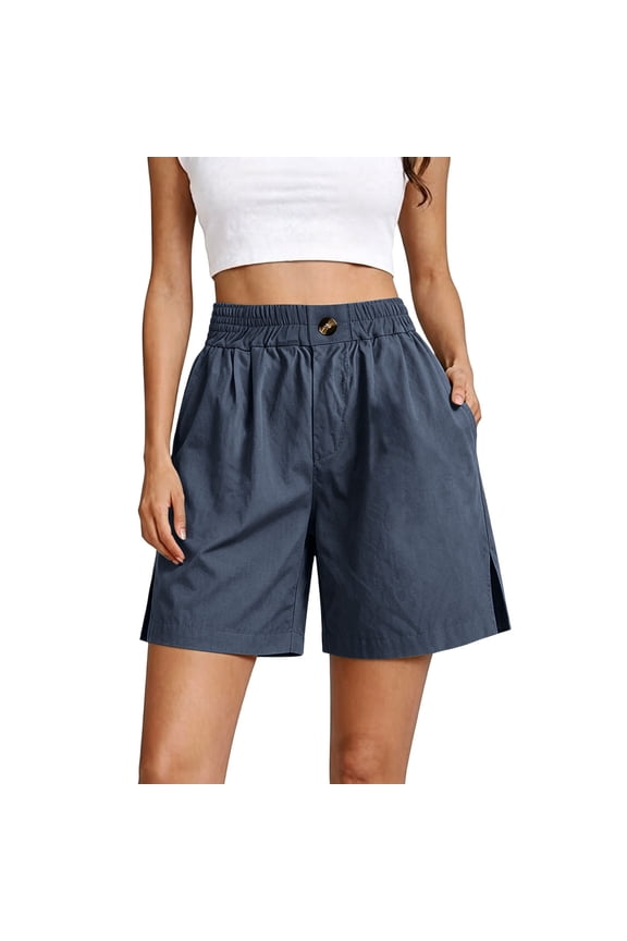 Womens Cotton Wide Leg Shorts Button Elastic High Waisted Lounge Short Pants Summer Flowy Side Split Pants With Pockets
