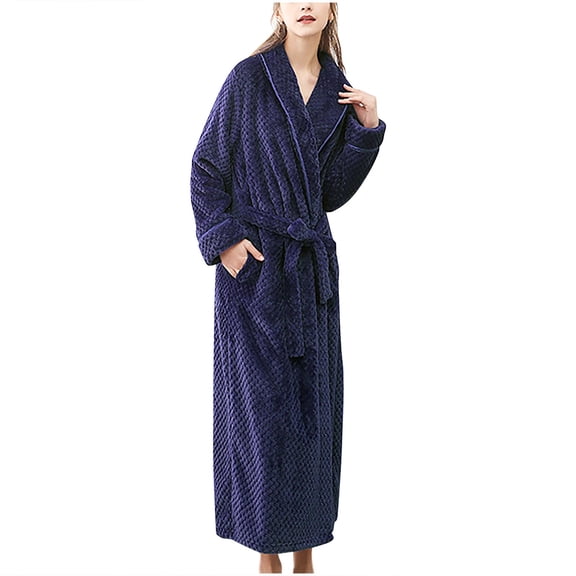 Womens Cottons Pajama Pants Long Bath Robe for Womens, Unisex Soft Fleece Bathrobes Nightgown, Ladies Pajamas Winter Warm Robes Housecoat with Pockets Navy M