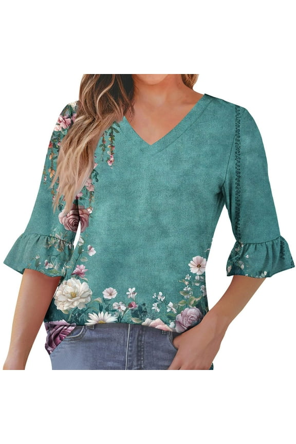 Womens Country Graphic Tees Vintage Trendy Womens Blouses Dressy Casual Long T-Shirts Loose Fit V Neck