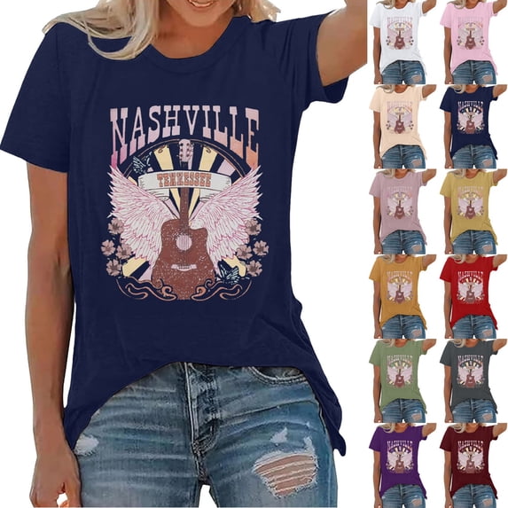 Womens Country Music T Shirts Vintage Western Graphic Tee Crew Neck Short Sleeve Summer Top Grey M