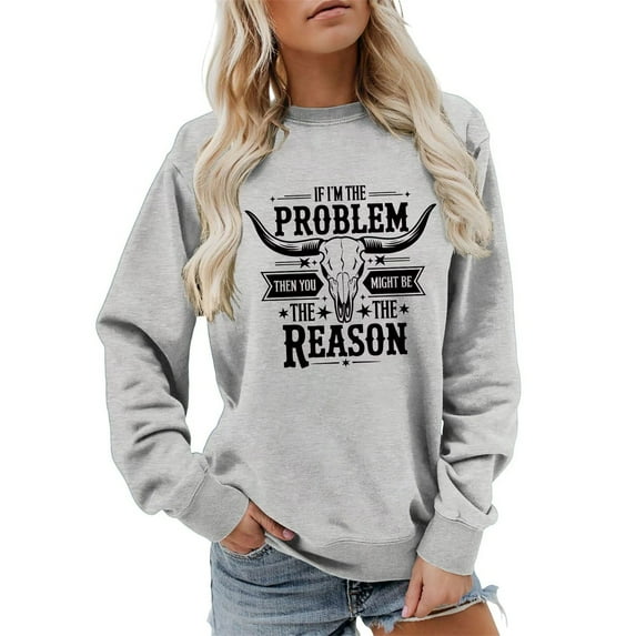 Womens Country Music Western Sweatshirts I'm The Problem Letter Print Cowgirl Pullover Vintage Cow Skull Top