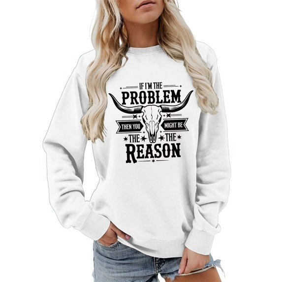 Womens Country Music Western Sweatshirts I'm The Problem Letter Print Cowgirl Pullover Vintage Cow Skull Top
