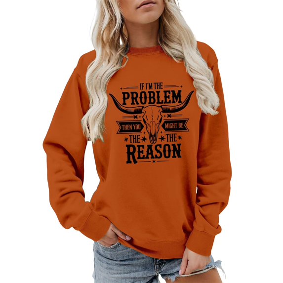 Womens Country Music Western Sweatshirts I'm The Problem Letter Print Cowgirl Pullover Vintage Cow Skull Top