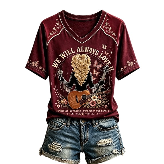 Womens Country Singer T-shirt Graphic Dolly Western T-shirt Short Sleeve V Neck Tops for Vintage Country Music Tribute,(L)