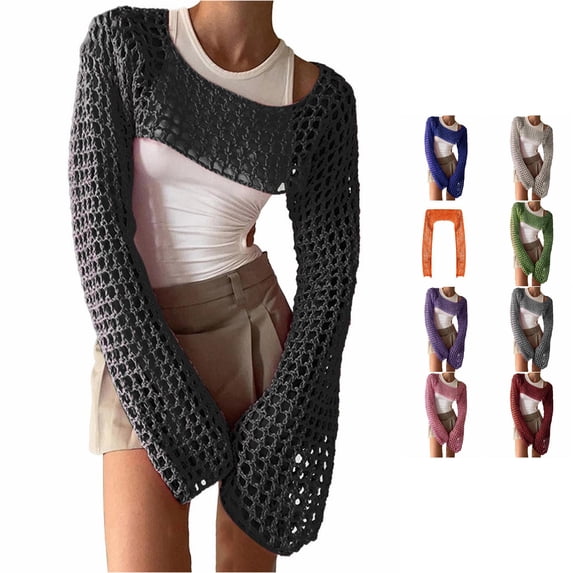 Womens Cover Ups Women's European and American Cutout Knitwear Solid Color Crew Neck Long Sleeve Knitwear Blouse M