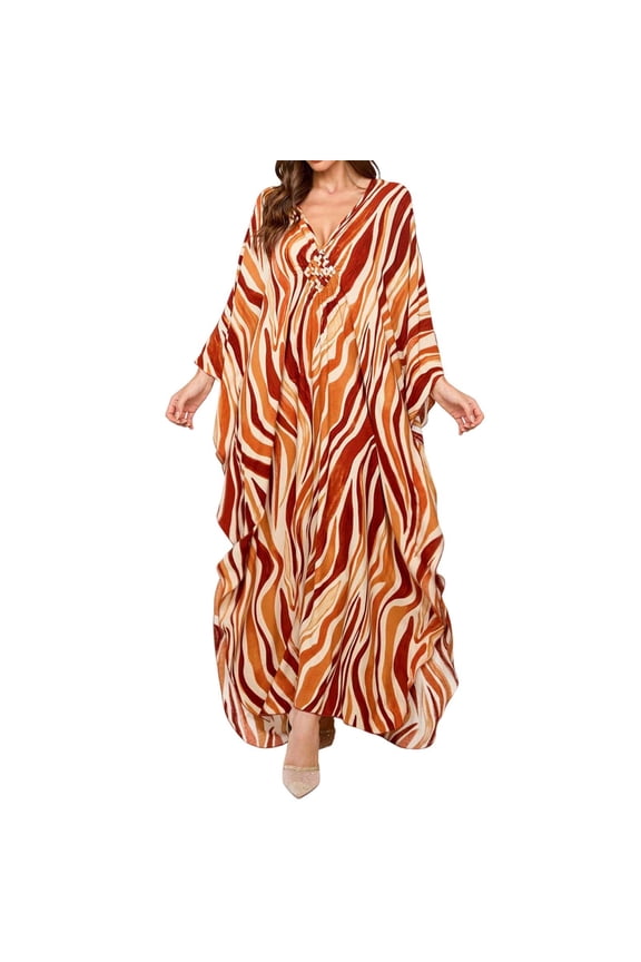 Womens Cover Ups Women's Plus Size Kaftan Dress V Neck Batwing Sleeves Beach Cover Up Summer Floral Print Gold One Size