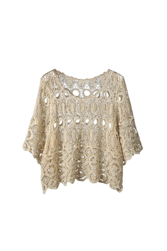 Womens Cover Ups Women's Solid Color Loose Crochet Cover Up Lightweight Short Sleeve Lace Top Beach Boho Knit Blouse for Summer Spring Casual Outing Beige One Size