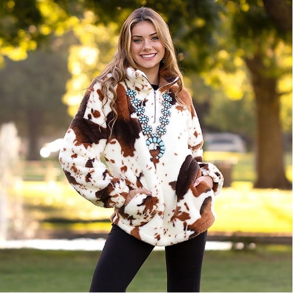 Womens Cow Print Jacket Faux Fur Coat Western Jacket Beige Brown