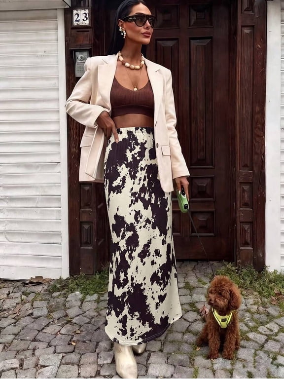 Womens Cow Print Maxi Skirt With Belted Waist In Coffee Brown
