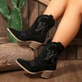 thumbnail image 1 of Womens Cowboy Boots, Embroidered Western Boots, Pointed Toe Block Heel, Women Western Cowboy Boots Embroidered Pointed Toe Chunky Block Heel V Cut Retro Mid Calf Boots, Black 5.5, 1 of 6