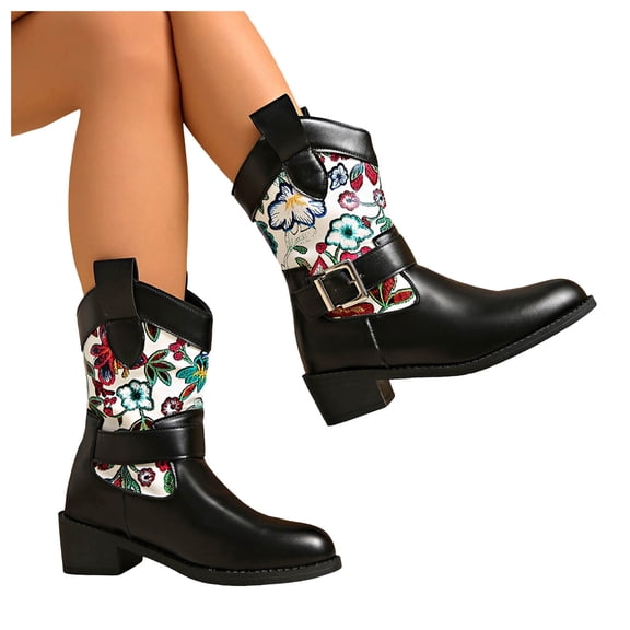 Womens Cowboy Boots Embroidery Mid Calf Cowgirl Boots Round Toe Western Chunky Low Heel Pull On Ankle Booties