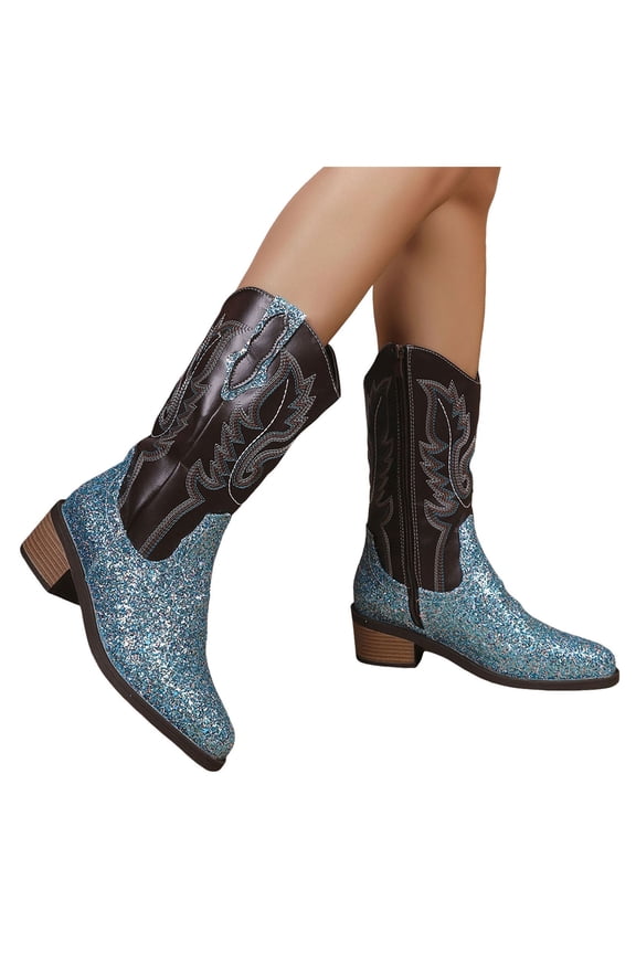 Womens Cowboy Boots Rhinestone Western Cowgirl Mid Calf Booties Comfortable Retro Pull on Country Dress Shoes