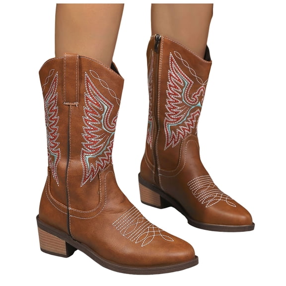 Womens Cowboy Boots Rhinestone Western Cowgirl Mid Calf Booties Comfortable Retro Pull on Country Dress Shoes