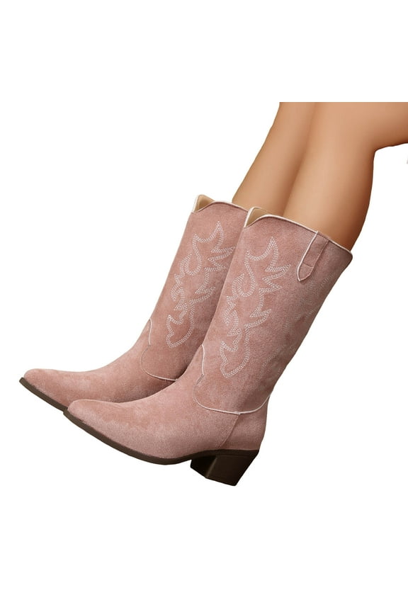 Womens Cowboy Boots Rhinestone Western Cowgirl Mid Calf Booties Comfortable Retro Pull on Country Dress Shoes