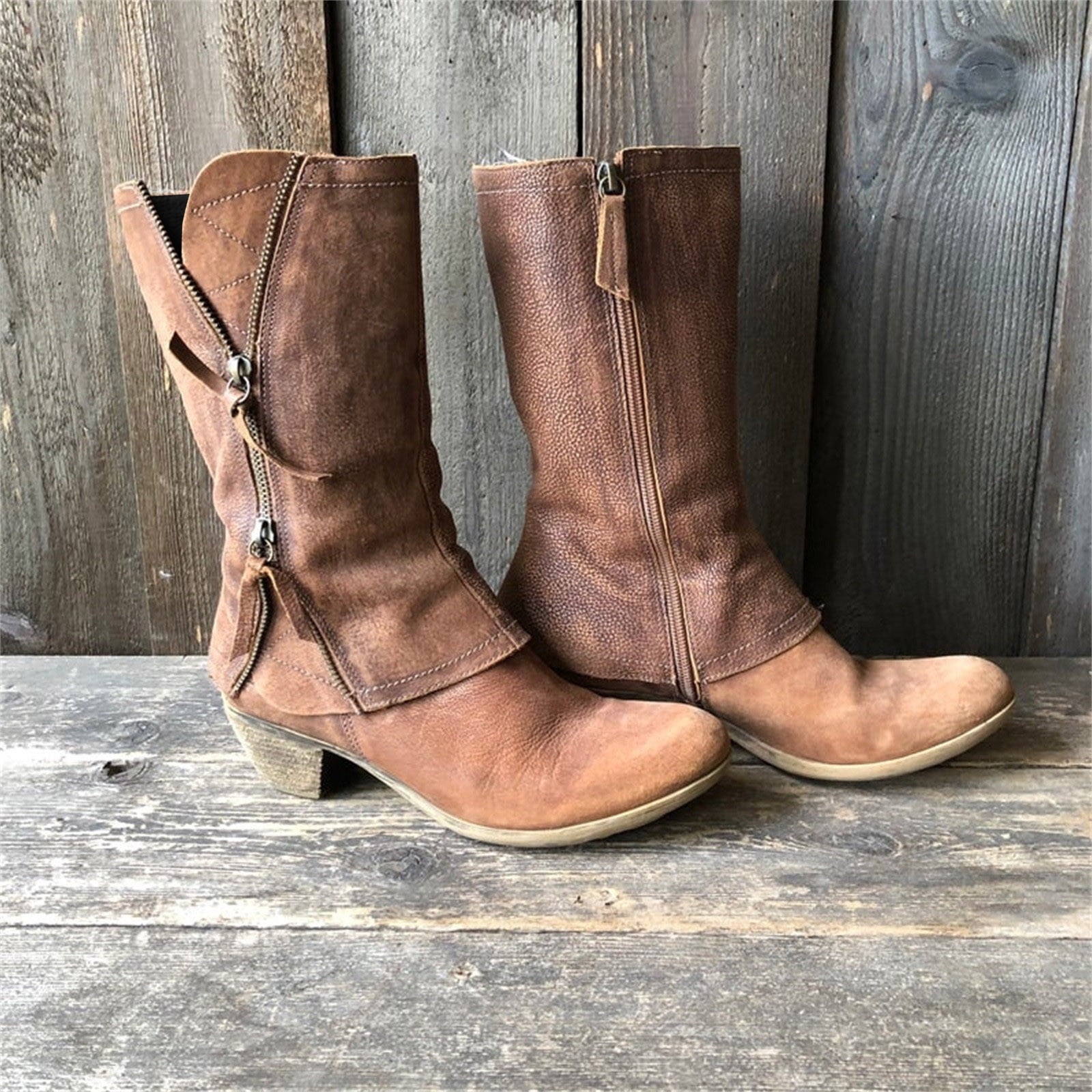 Women's Retro Pointed Toe Chunky Heel Solid Color Side Zipper Mid-calf Cowboy Boot
