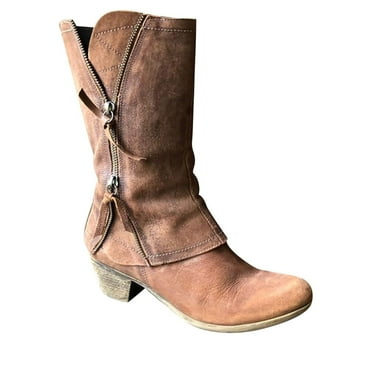 Womens Cowboy Boots Western Cowgirl Mid Calf Boots Comfortable Retro Pull On Zip Up Pointed Toe Wide Calf Long Tall Block Chunky Heel Boots