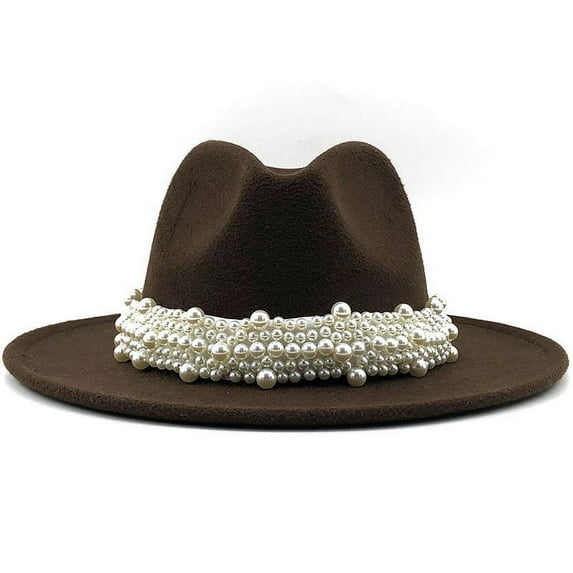 Womens Cowboy Hats, Audhol Women's British Style Fashion Elegant Jazz Hat Pearl Ring with Top Hat Big Brim Hat Ladies Woolen Hat Pearl Hat Bronze L