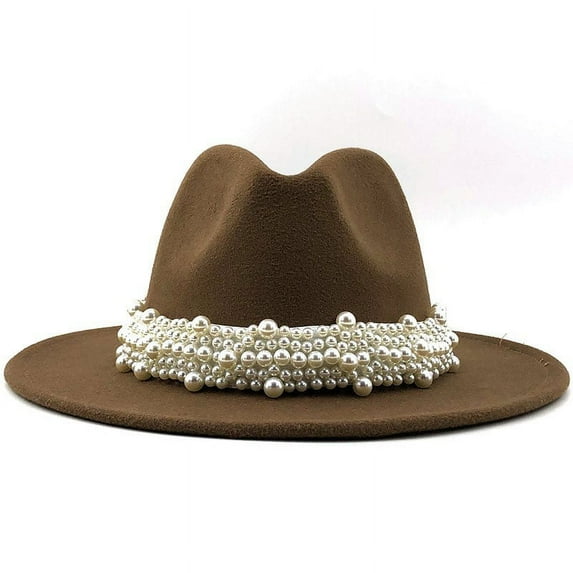 Womens Cowboy Hats, Audhol Women's British Style Fashion Elegant Jazz Hat Pearl Ring with Top Hat Big Brim Hat Ladies Woolen Hat Pearl Hat Brown M