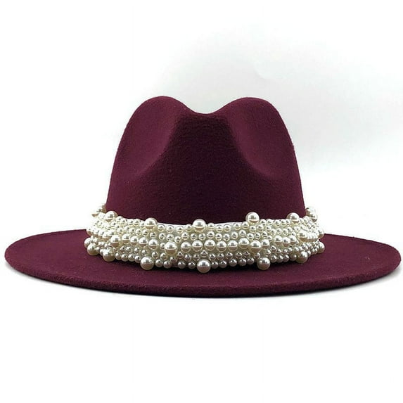 Womens Cowboy Hats, Audhol Women's British Style Fashion Elegant Jazz Hat Pearl Ring with Top Hat Big Brim Hat Ladies Woolen Hat Pearl Hat Wine L