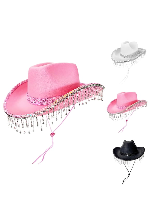 Womens Cowboy Hats - Sequin Tassel Cowboy Style Bowler Hat Suitable For Party Stage Performance,Black,One Size