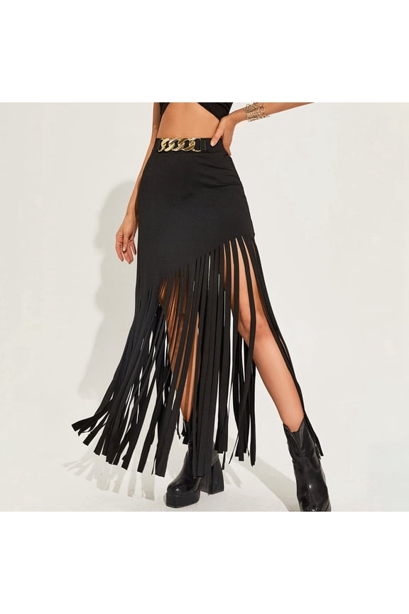 Womens Cowgirl Fringe Maxi Skirts High Waist Black Fringe Skirt Punk Tassel Skirts (Black S)