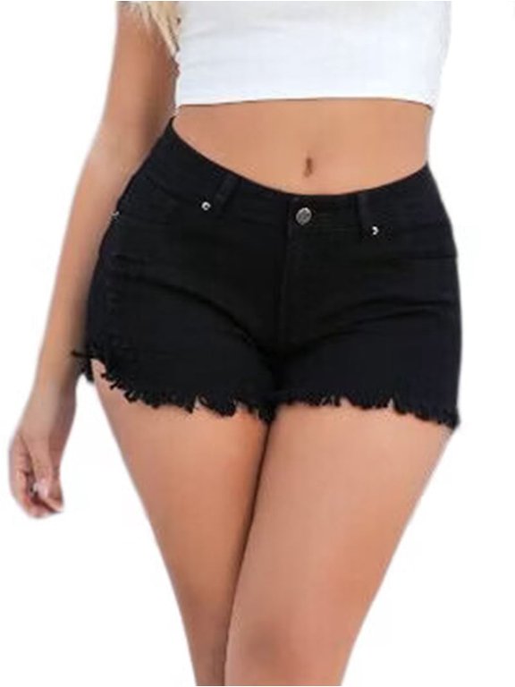 Womens Cowgirl Jean Shorts Denim Ripped Cut Off Fringe Frayed Raw Hem Party Rave Outfits Club Black XXL