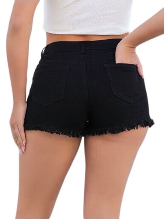 Womens Cowgirl Jean Shorts Denim Ripped Cut Off Fringe Frayed Raw Hem Party Rave Outfits Club Black XXL