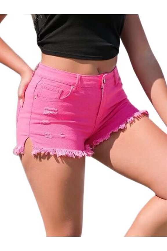 Womens Cowgirl Jean Shorts Denim Ripped Cut Off Fringe Frayed Raw Hem Party Rave Outfits Club Peach Pink S
