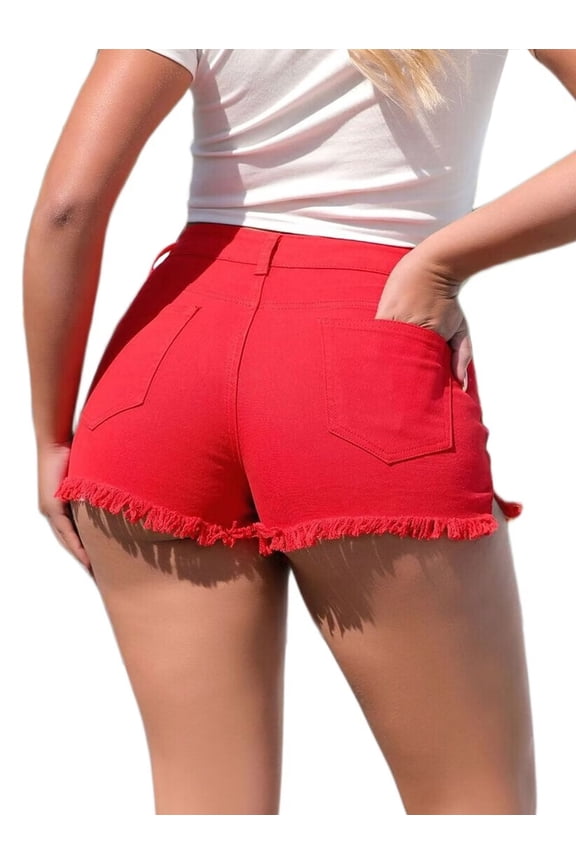 Womens Cowgirl Jean Shorts Denim Ripped Cut Off Fringe Frayed Raw Hem Party Rave Outfits Club Red L