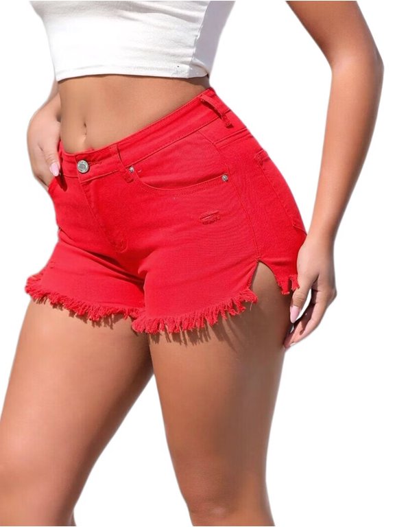 Womens Cowgirl Jean Shorts Denim Ripped Cut Off Fringe Frayed Raw Hem Party Rave Outfits Club Red L