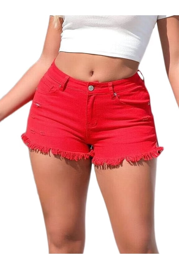 Womens Cowgirl Jean Shorts Denim Ripped Cut Off Fringe Frayed Raw Hem Party Rave Outfits Club Red M