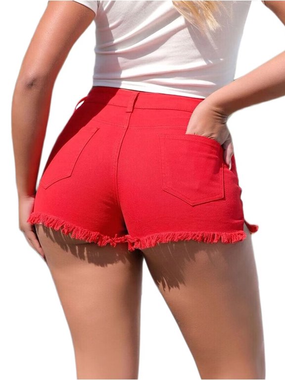 Womens Cowgirl Jean Shorts Denim Ripped Cut Off Fringe Frayed Raw Hem Party Rave Outfits Club Red XL